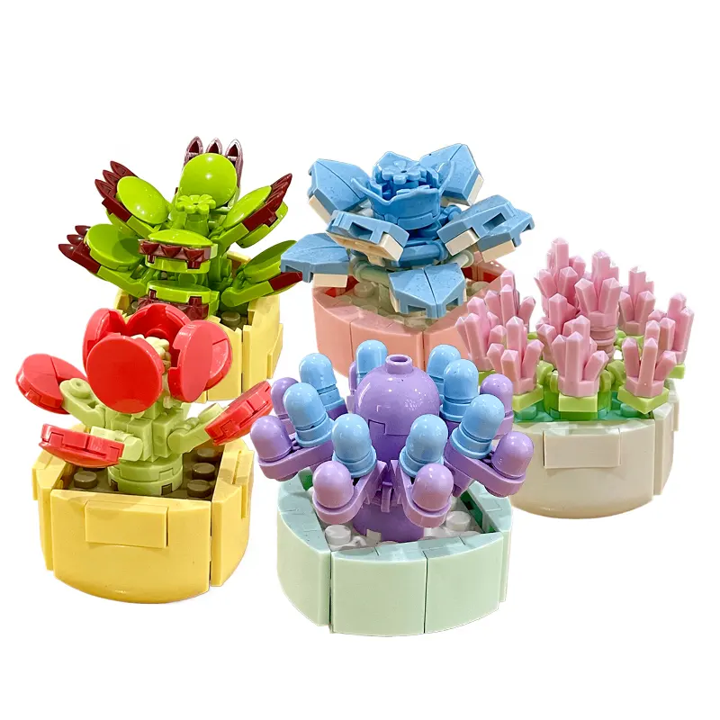 Tendance 2024 DIY Artificial Bouquet Succulent Pots Block Botanical Flowers Pants Model Building Blocks Sets