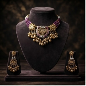 Traditional Gold Toned 925 Silver Kundan Bridal <b>Necklace</b> <b>Set</b> Purple Beads Matching Jhumka Earrings for Ethnic <b>Indian</b> Party Gift - Product Image 1