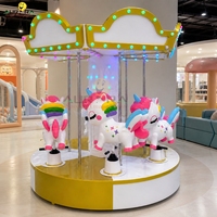 Manège licorne compact en fibre de verre à trois places avec lumières LED multicolores pour salles d'arcade intérieures et centres de divertissement familial
