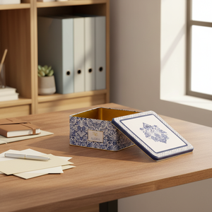 235x235x110 mm Square Storage <b>Box</b> with Slip Lid 5.8L Capacity Azulejo-Inspired Blue & White Decorative Pattern <b>File</b> Cabinets - Product Image 3