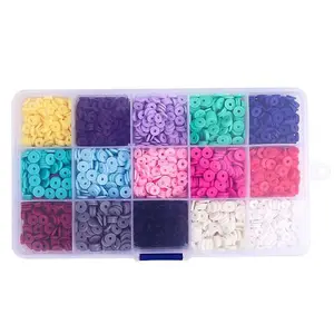 6mm 2600Pcs 15 Color Flat Round Polymer Clay Spacer Beads with Pendant Charms Kit Roll Elastic String for DIY making