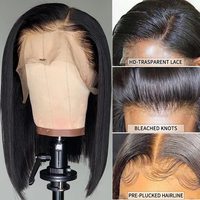 Perruque longue bob en cheveux humains avec frange, cheveux vierges, brun clair, dentelle transparente HD