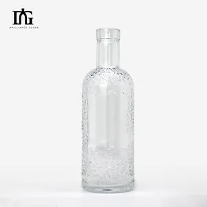 Berlin Packaging Carved Vodka Whiskey Glass Bottle 500ml Transparent Round Tall Wine Bottle