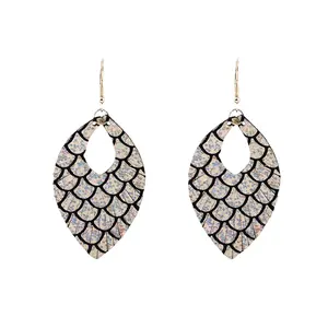 2312 hot sell cowhide leaf earrings fish scale laser perm lamb leather women's factory