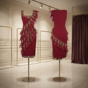 Robe de cocktail rouge vin satinée mate respirante avec volants en cascade et broderie dorée, élégante robe de soirée pour occasions spéciales - Product Image 3