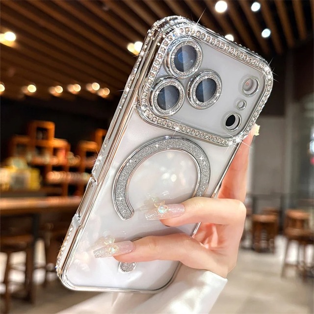 Plating Glitter Diamond Frame Magnetic Clear Case for iPhone 17 Air 16 15 14 Plus 13 Pro Max for Magsafe Shockproof Shing Cover