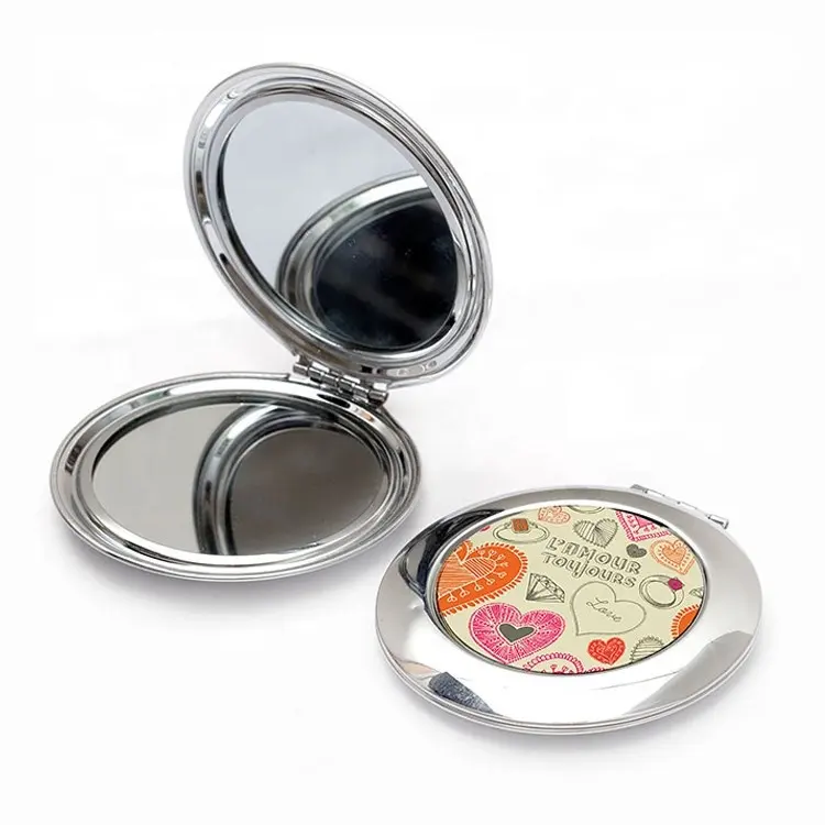Personalized small pocket foldable metal silver makeup mirror with logo