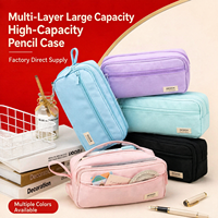 Trousse à crayons minimaliste coréenne multi-compartiments grande capacité double couche avec fermeture éclair, pochette pour étudiant, sac de rangement personnalisable avec logo