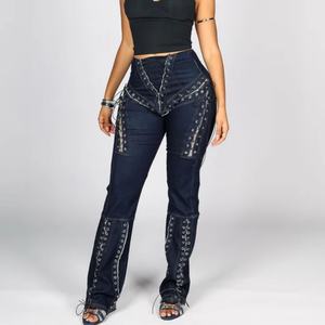 กางเกงยีนส์ขาบานเอวสูงผ้ายืดสำหรับผู้หญิง สไตล์สตรีทแวร์ เซ็กซี่ ขาดๆ แต่งเชือกผูก โชว์เนื้อผ้าบาง ทรงเข้ารูป - Product Image 1