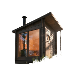 La moderna sauna de madera Serene en los Alpes presenta un diseño ecológico con una vista panorámica de los bosques. - Product Image 1