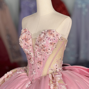 Dy6922 Vestido de Gala Rosa Bonito sin Tirantes con Escote Corazón y Apliques Florales Brillantes para Quinceañera, Fiesta de 16 Años, Bat Mitzvah o Concurso de Belleza - Product Image 5