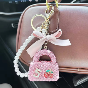 Cross-border Full Diamond Bag <b>Keychain</b> Creative Pearl Chain Bow Shiny Diamond Pendant <b>Personalized</b> Exquisite Car - Product Image 2