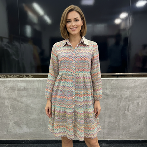 Womens Multicolor Printed Long Sleeve Shirt <b>Dress</b> | Casual Tunic Button Front <b>Dress</b> 100% Cotton Eco-Friendly <b>Elastic</b> Waist - Product Image 2
