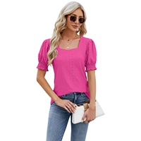 T-shirts décontractés en maille pour femmes, coupe ample, manches courtes bouffantes, col carré jacquard, ajustement élégant, respirant, à mailles perforées