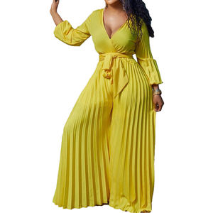 Verano europeo y americano nuevo cuello en V de las mujeres Sexy con cordones plisado de pierna ancha <span class=keywords><strong>mono</strong></span> de <span class=keywords><strong>talla</strong></span> <span class=keywords><strong>grande</strong></span> para la exportación - Product Image 1