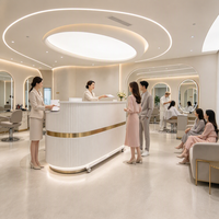 Bureau de réception moderne sur mesure avec panneau à rayures minimalistes et décoration dorée pour salon, centre de beauté et bien-être