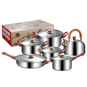 Directo de fábrica, juego de utensilios de cocina de 12 piezas, acero inoxidable con mango de grano de madera, diseño clásico, olla para sopa, olla para leche, tetera, sartén - Product Image 5