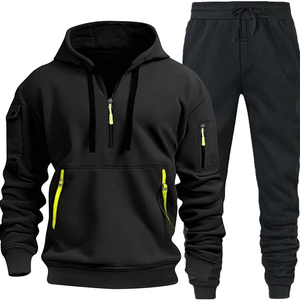 Conjunto de chándal de forro polar con capucha y cremallera de un cuarto para hombre, color personalizado, informal, transpirable, de poliéster y algodón, con pantalones deportivos y bolsillos con cremallera - Product Image 1