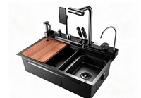 Évier de cuisine multifonction en acier inoxydable noir avec planche à découper, égouttoir, porte-vaisselle et double robinet pour villa, hôtel, OEM, ODM