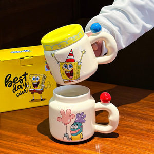SpongeBob SquarePants Ceramic Mug With Lid Yellow Cartoon Design For Home Office Use Spring 2024 Single Cup - Product Image 4