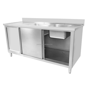 Stainless Steel Commercial <b>Sink</b> Cabinet with 2 Right Bowls Sliding Doors Backsplash Adjustable Feet for Catering - Product Image 6