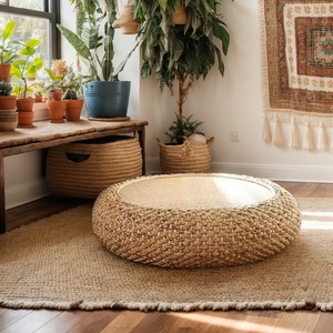 Pouf Rotondo in Giacinto d'Acqua Intrecciato a Mano, Sgabello Artigianale in Rattan, Cuscino da Pavimento per Soggiorno, <span class=keywords><strong>Balcone</strong></span> e Arredamento Casa - Product Image 4