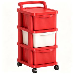 Chariot de rangement multi-niveaux à roulettes Shangzhimi Home Furnishings, type tiroir, étagère de cuisine mobile, rouge et blanc, en plastique, 3 étages - Product Image 5