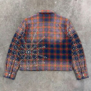 Camisas de Manga Larga de Franela de Algodón para Hombre, Estilo Vintage, Lavado Ácido, Diseño a Cuadros, con Botones y Pedrería, Personalizadas OEM - Product Image 2