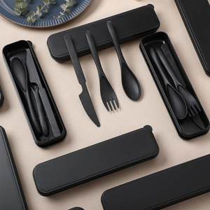Ensemble de couverts en paille de blé, couteau, fourchette, cuillère, noir, biodégradable, pour les voyages, utilisation en plein air, réutilisable, écologique, avec étui de rangement - Product Image 2