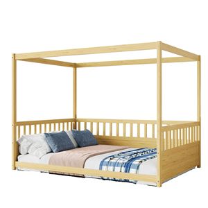 Lit à baldaquin en bois massif avec barrières de sécurité, structure assemblable en pin couleur blé pour enfants, adultes et personnes âgées - Product Image 5