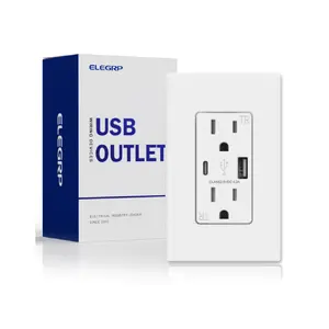 ELEGRP Outlet dinding pengisi daya USB, wadah USB dengan tipe A & Tipe C port USB, 15 Amp dupleks tahan rusak steker, UL terdaftar