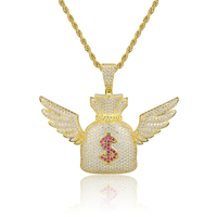 Collier tendance en laiton plaqué or, style hip-hop, avec pendentif aile d'ange, signe du dollar américain et sac d'argent, chaîne à maillons pour homme