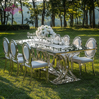 Nouvelle table à manger d'extérieur pour 8 personnes en argent/or pour hôtel et mariage, en acier inoxydable et verre miroir