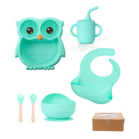 Ensemble de vaisselle incassable en silicone pour bébé en forme de hibou, 6 pièces, avec assiette à ventouse, tasse à bec, bavoir, bol, cuillère et fourchette