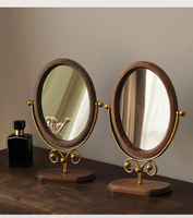 Vintage Solid Wood Foldable Round Standing Magnifying Personalized Makeup Vanity Mirror with Rotatable Desktop Design