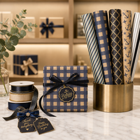 Ensemble de rouleaux de papier cadeau de luxe avec boîtes cadeaux, rubans, nœuds, étiquettes, design rayé bleu marine et doré, fournitures d'emballage en gros