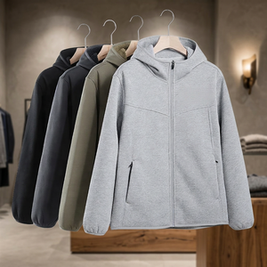 Men's Hooded Fleece <b>Jacket</b> Solid Color <b>Zipper</b> Closure Casual Autumn Wear <b>with</b> <b>Pockets</b> and Logo Front Design - Product Image 2