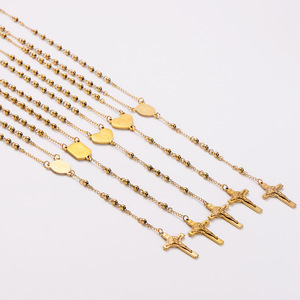 Collier de chapelet Jésus <span class=keywords><strong>en</strong></span> acier inoxydable plaqué <span class=keywords><strong>or</strong></span> 18 carats avec perles rondes <span class=keywords><strong>et</strong></span> perles pour hommes <span class=keywords><strong>et</strong></span> femmes chaîne de chandail - Product Image 3