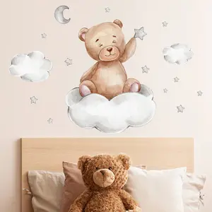 Sleep Bear On The Moonรูปลอกติดผนัง,วอลล์เปเปอร์เมฆดาวน่ารักสำหรับห้องเด็กห้องนอนตกแต่งผนังสติกเกอร์การ์ตูนจิตรกรรมฝาผนัง