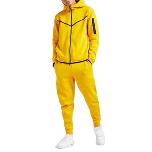 Custom Wholesale Mens Yellow Tech Fleece Tracksuit Full Zip Heavyweight Hooded Sweatshirt Joggers <b>Athletic</b> Track Suit Set - Product Image 1