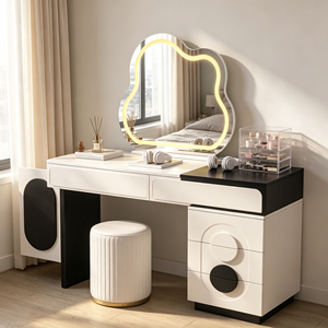Modern White Luxury Wood Panel Makeup <b>Vanity</b> with Lighted Mirror and Storage Drawers - Product Image 1