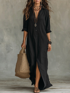 Vestido de Mujer para Primavera/Verano 2026, Estilo Europeo <span class=keywords><strong>y</strong></span> Americano, Color Sólido, Cuello con Abertura Frontal, <span class=keywords><strong>Falda</strong></span> Larga Informal Tipo <span class=keywords><strong>Camisa</strong></span> - Product Image 5
