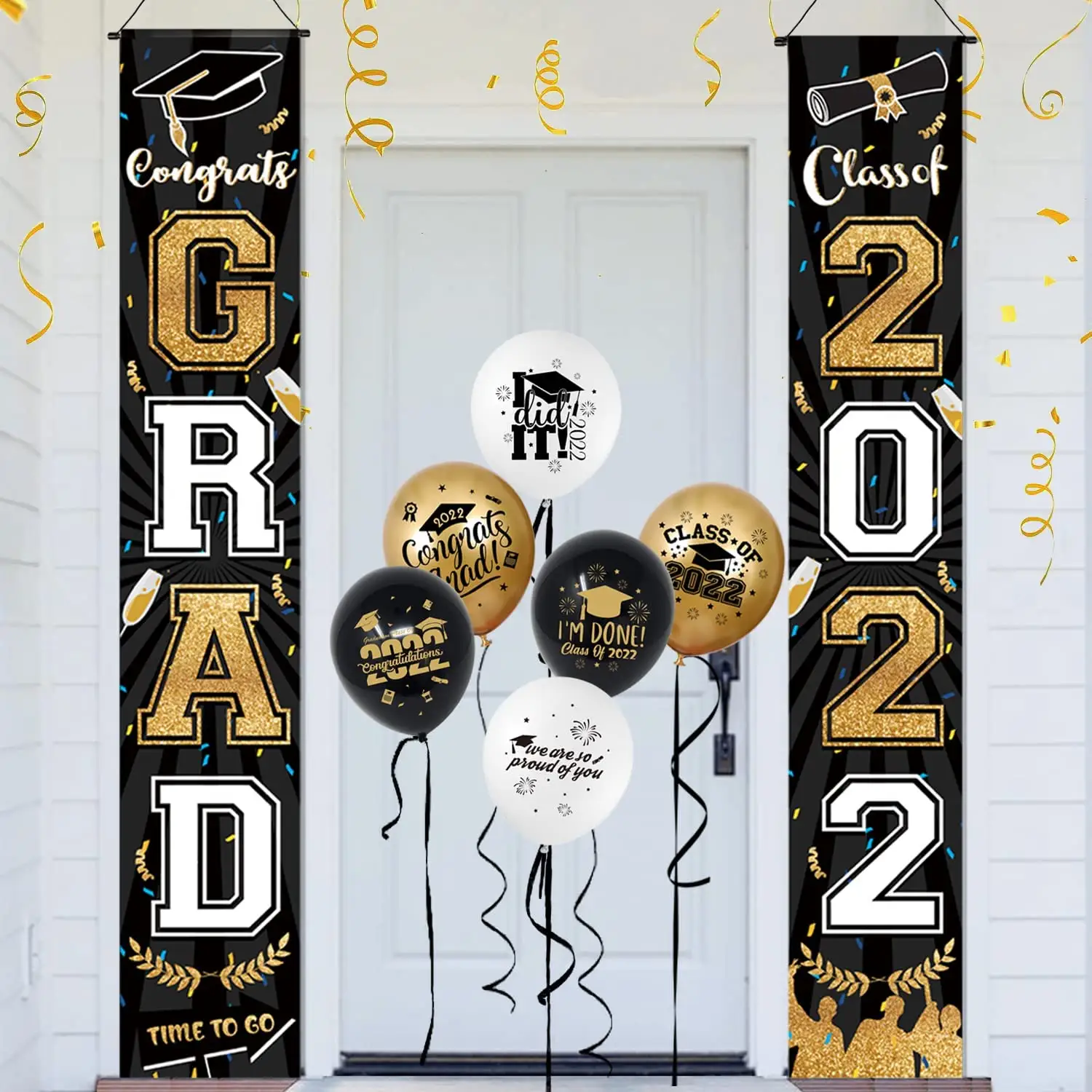 Custom Single side Outdoor Hanging Golden And Black Door banner Graduation Ceremony Decoration 2023 GRAD For Party