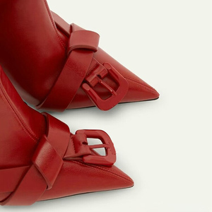 Women's Top Knot Belt Knee High <b>Boots</b> Pointed Toe Metal Buckles Long Booties Stiletto Hook Shape Heels Stage Shoes - Product Image 6