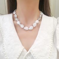 Collier ras du cou Lucy Jewelry style INS, perles baroques naturelles d'eau douce de couleur grise en forme de pièce de monnaie, plaqué or 14 carats, qualité AAAAA