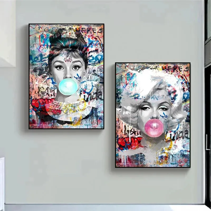 Abstract Audrey Hepburn Marilyn Monroe Blowing Bubbles Pop Art Poster and Print Canvas Painting Fashion Art Picture Wall Decor