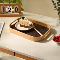 Honvidora Hot Press Integrated Bamboo Tray Hollow Handles 3D Embossed Phoenix Tail Leather Base Multipurpose Storage Organizer.
