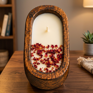 Medium Wooden Soy Wax Handmade Art <b>Candle</b> 11 5 Inch Modern Organic Environment-Friendly Dried Rose Petals 60 Hours - Product Image 3