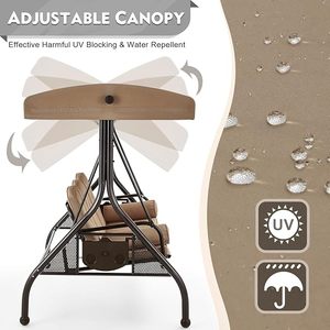 Canapé <span class=keywords><strong>balançoire</strong></span> de style indien de luxe pour jardin et terrasse, avec structure métallique, auvent et coussin en polyester kaki, porte-gobelets intégré - Product Image 3