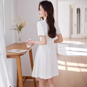 Blue Short Sleeve Suit Dress For Women Fit And Flare Double Button Career Dress Summer 2024 Solid Color Polyester Woven - Product Image 4